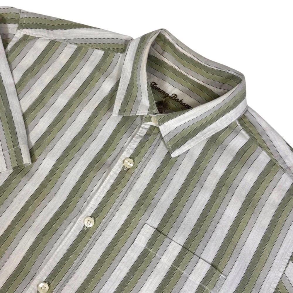 Tommy Bahama Mens Large Cotton Silk Striped Short Sleeve Button Down Shirt Green